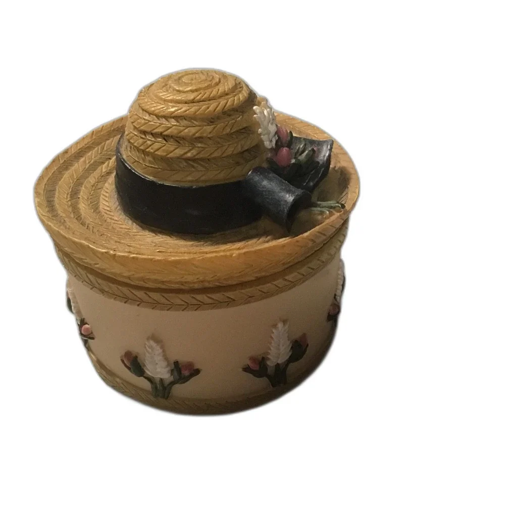 Vintage Dezine 1993 Hand-Painted Resin Straw Hat Trinket Box - Floral Garden 3